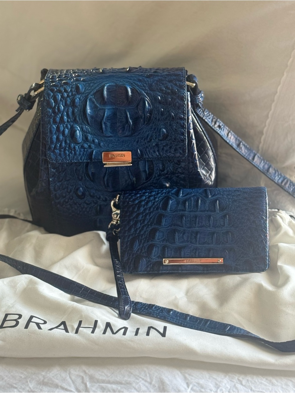 Brahmin Navy Croc-Embossed Leather Crossbody. Matching Wallet NOT included…
